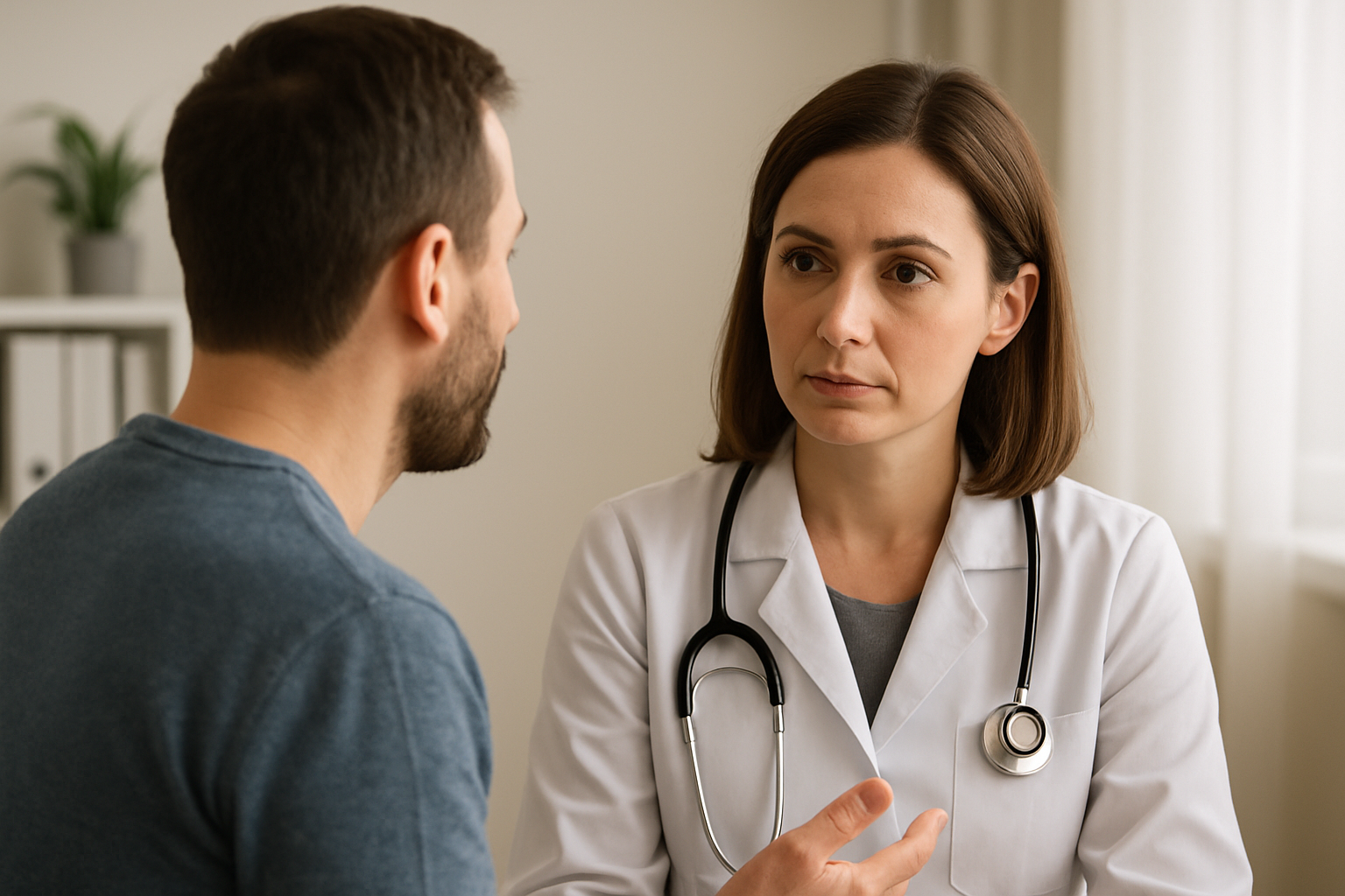A male patient is speaking to a female doctor The doctor is listening The doctor is facing forward but we see the patient from the back